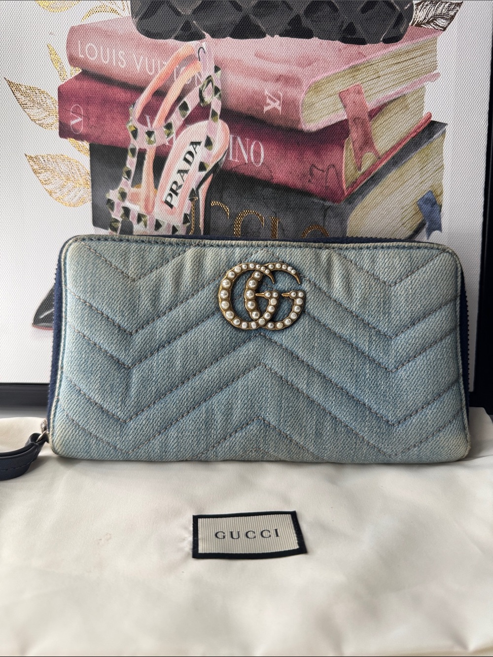 Gucci Pearl Double G Light Blue Denim Wallet